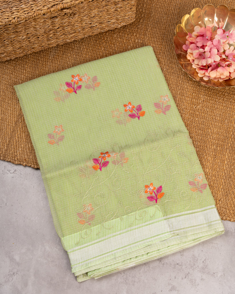 Pale Green Kota Silk with Hand embroidery & Silver Borders with Orange Banarasi Silk Blouse | Blouse Size 38-44" | Free Shipping |