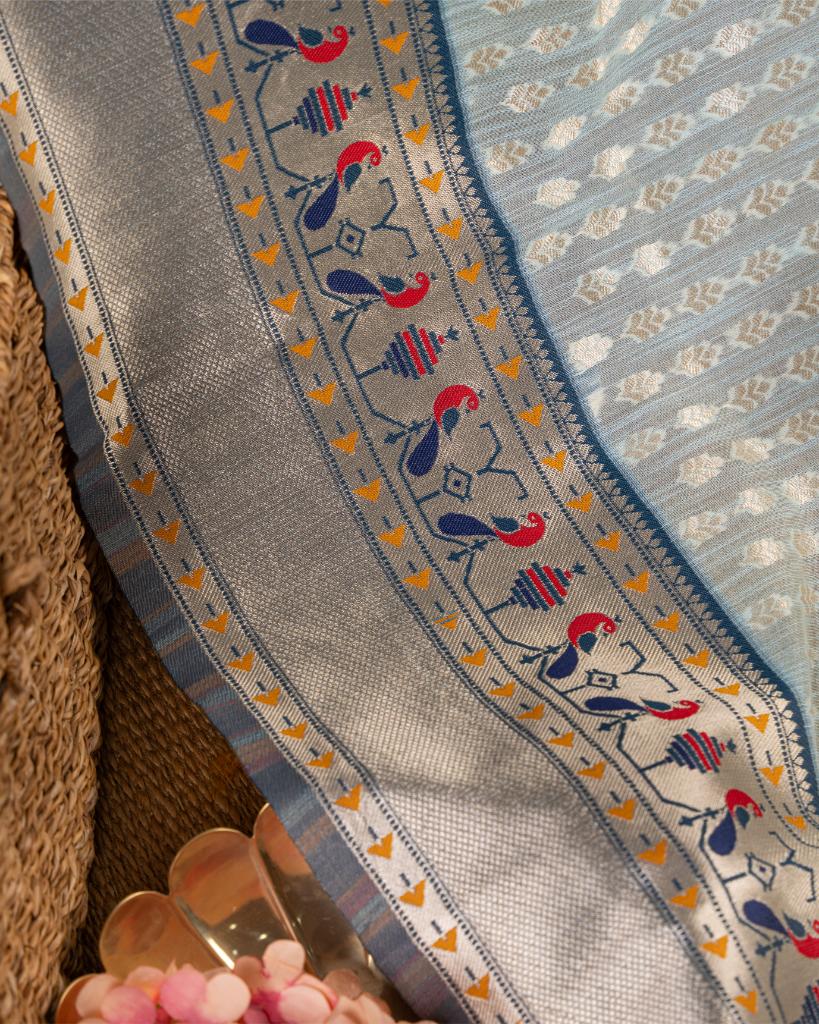 Pastel Blue Semi Chanderi Silk Saree with Silver Zari Kanchipuram inspired Borders in Greyish Blue & Patterened Blouse | Blouse Size 38-44” | Free Shipping