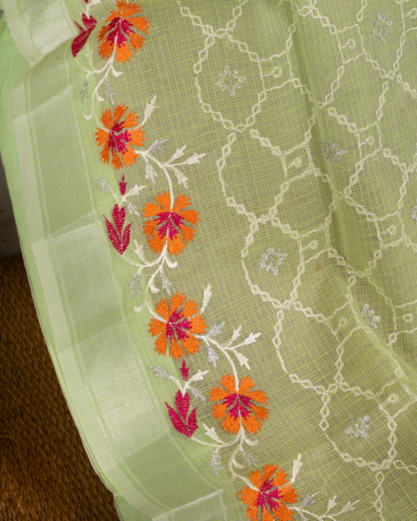 Pastel Green Kota Silk with Chikankari, Machine embroidery & Silver Borders with Magenta Silk Blouse | Blouse Size 38-44" | Free Shipping |