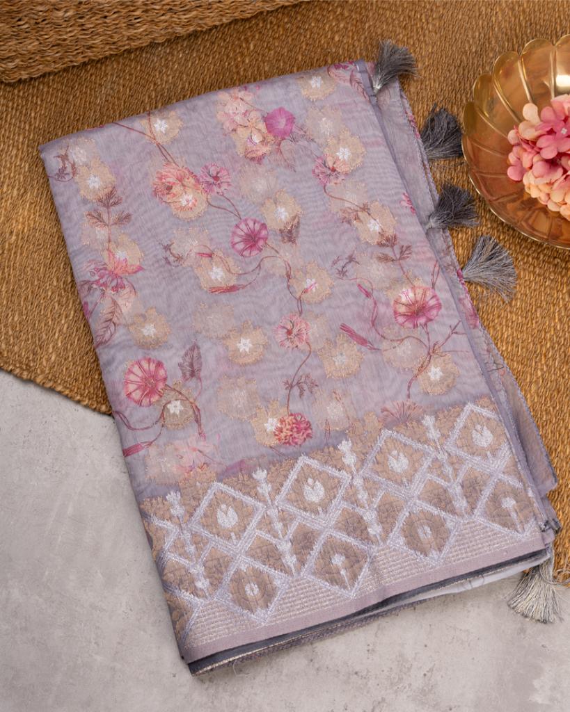 Pastel Grey Chanderi Floral Printed Saree with Pattern Blouse | Blouse Size 38-44” | Free Shipping