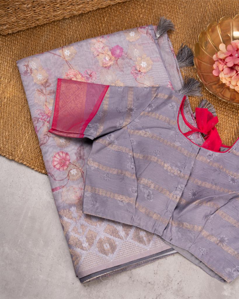 Pastel Grey Chanderi Floral Printed Saree with Pattern Blouse | Blouse Size 38-44” | Free Shipping