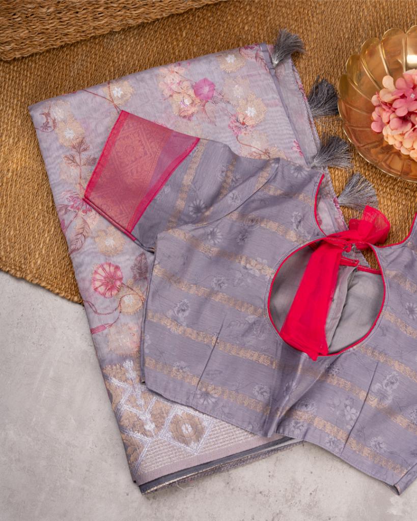 Pastel Grey Chanderi Floral Printed Saree with Pattern Blouse | Blouse Size 38-44” | Free Shipping