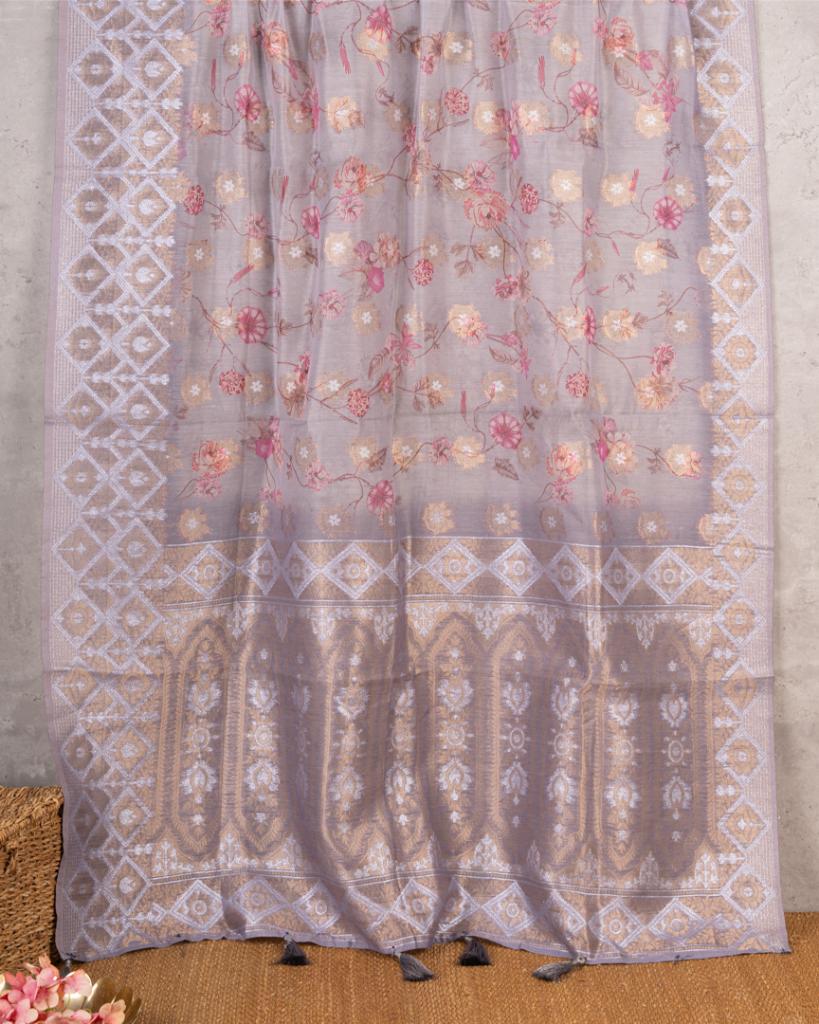 Pastel Grey Chanderi Floral Printed Saree with Pattern Blouse | Blouse Size 38-44” | Free Shipping