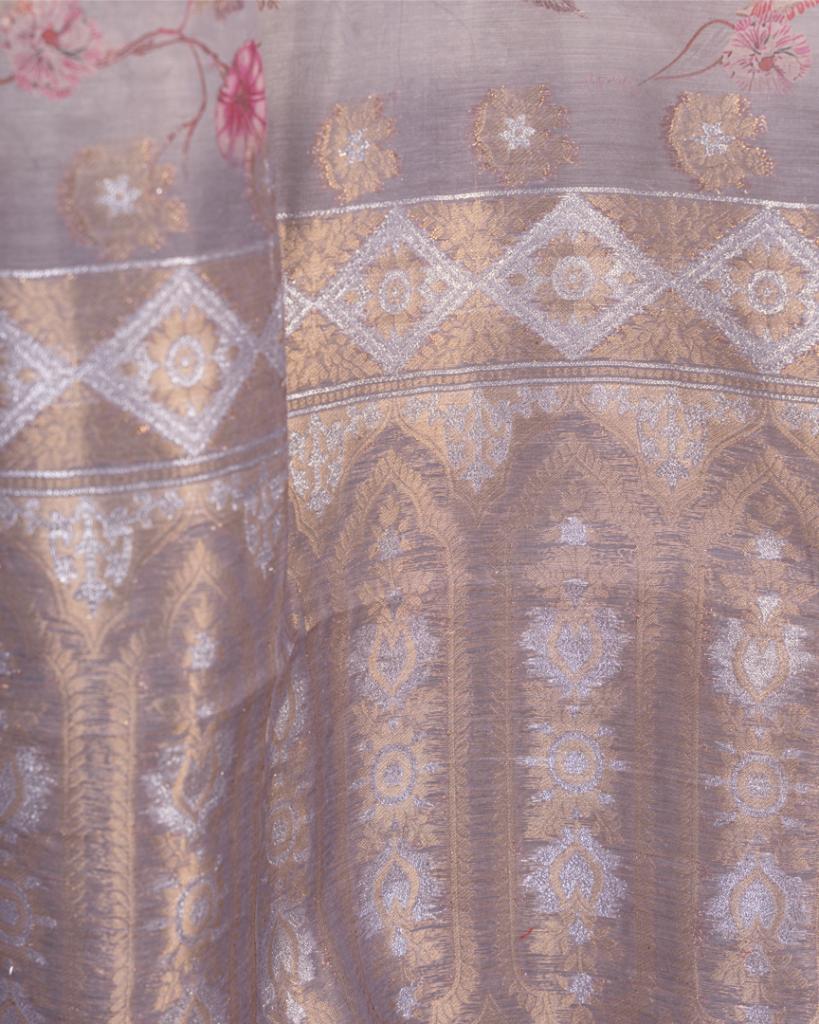 Pastel Grey Chanderi Floral Printed Saree with Pattern Blouse | Blouse Size 38-44” | Free Shipping
