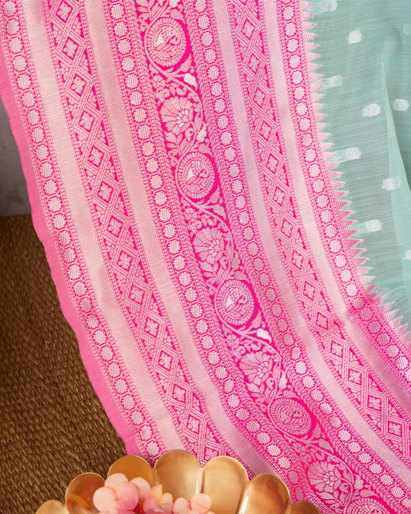 Pastel Grey Semi Chanderi Silk Saree with Silver Zari Kanchipuram inspired Borders in Magenta Pink & Pattern Blouse | Blouse Size 38-44” | Free Shipping