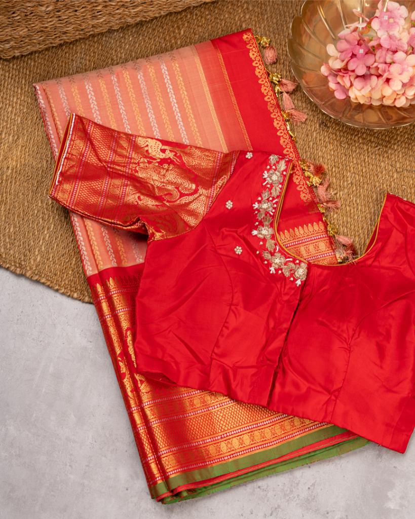 Pastel Peach Gadwal Brocade Silk saree with Red Kanchipuram Inspired Borders & Red Cutdana Handwork Blouse | Blouse Size 38-44” | Free Shipping