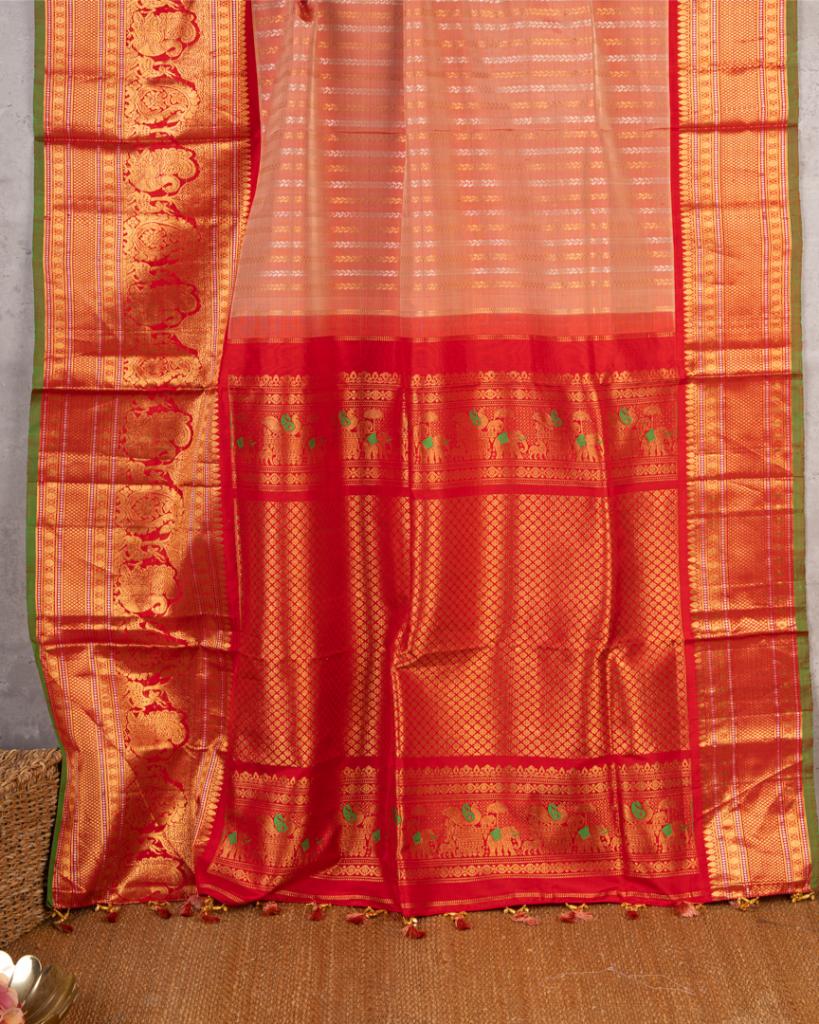 Pastel Peach Gadwal Brocade Silk saree with Red Kanchipuram Inspired Borders & Red Cutdana Handwork Blouse | Blouse Size 38-44” | Free Shipping