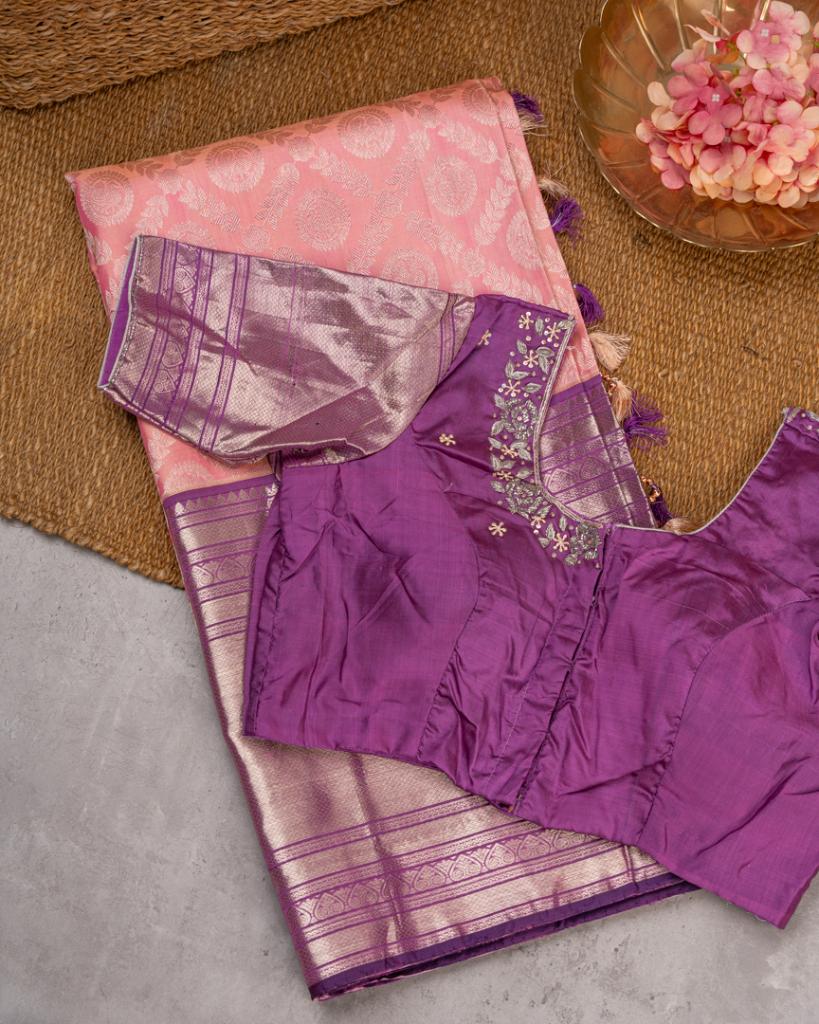 Pastel Peach Kanchipuram Silk Saree with all over Jangla Weaving and Silver borders & Elegant Hand work Purple Blouse | Blouse Size 38-44” | Free Shipping