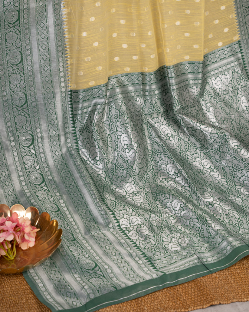 Pastel Yellow Banarasi Kora with 1000 Butties & Bottle Green Contrast Kadwa Borders with Pattern Blouse | Blouse Size 38-44' |Free Shipping |