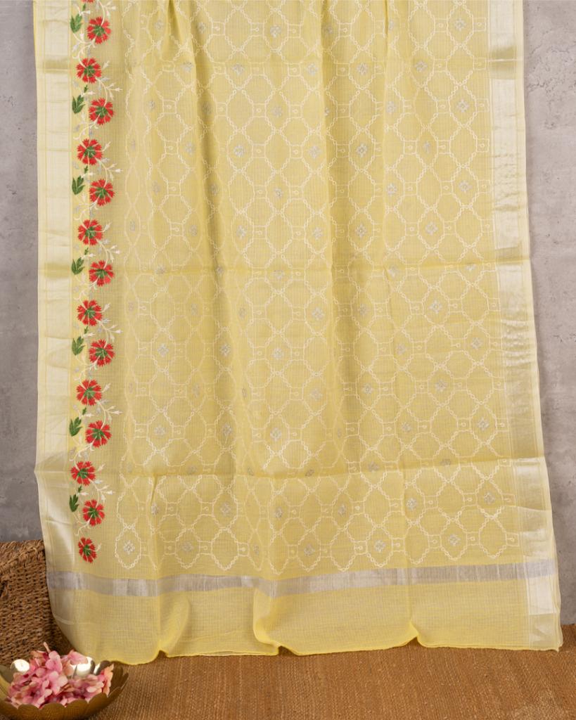 Pastel Yellow Kota Cotton Saree with machine Embroidery over the borders & Trendy Banarasi Blouse | Blouse Size 38-44” | Free Shipping