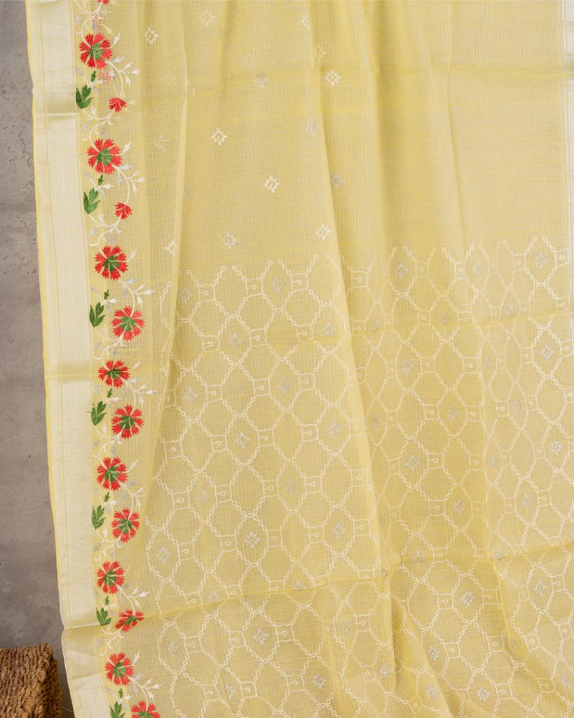 Pastel Yellow Kota Cotton Saree with machine Embroidery over the borders & Trendy Banarasi Blouse | Blouse Size 38-44” | Free Shipping