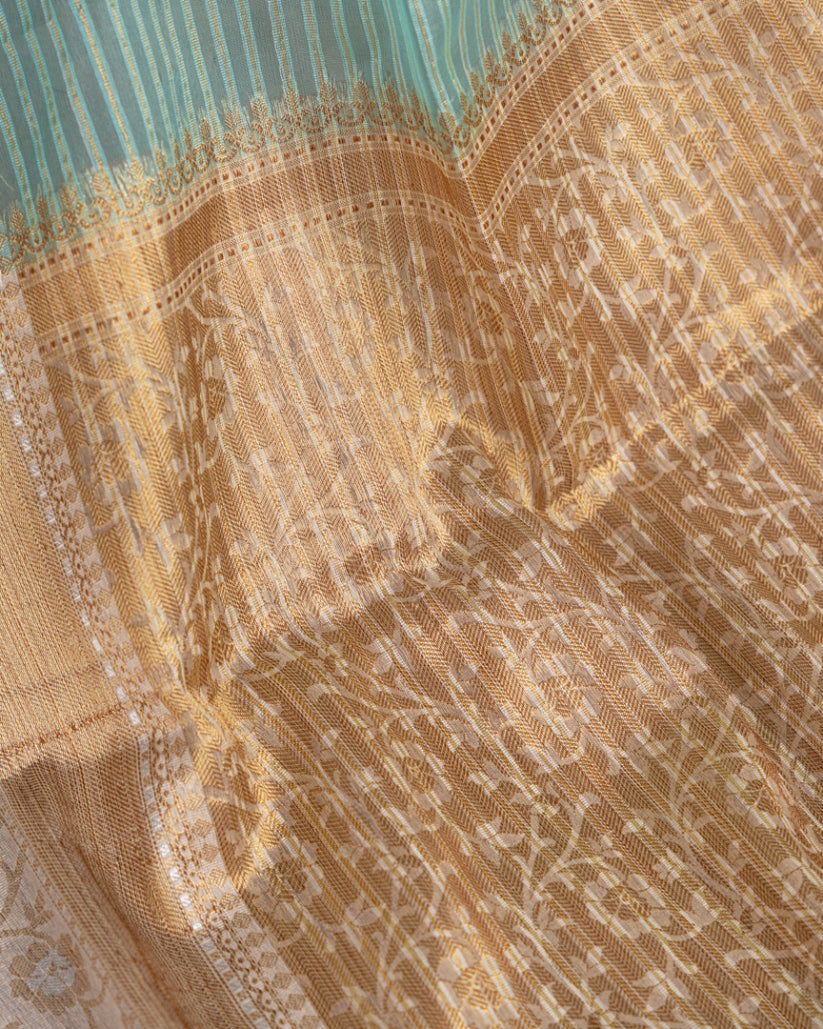 Pastel blue Banarasi Kora Silk Saree with beige meenakari borders & beige Pattern Blouse | Blouse size 38-44" | Free Shipping