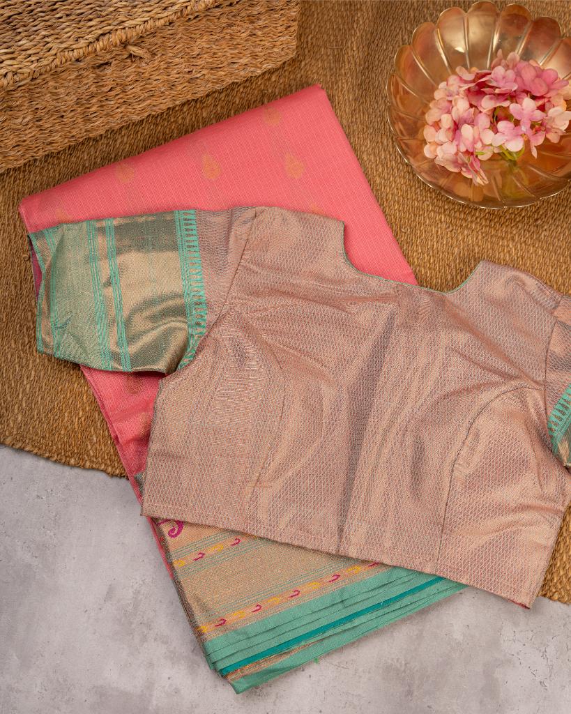 Peach Kota Semi Silk with Paithani Brocade Borders in Aqua Green & Patterened Brocade Blouse | Blouse Size 38-44” | Free Shipping