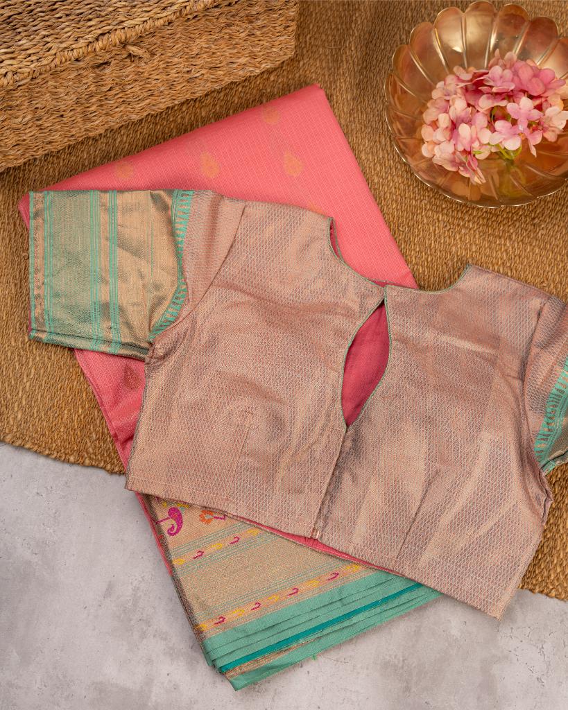 Peach Kota Semi Silk with Paithani Brocade Borders in Aqua Green & Patterened Brocade Blouse | Blouse Size 38-44” | Free Shipping