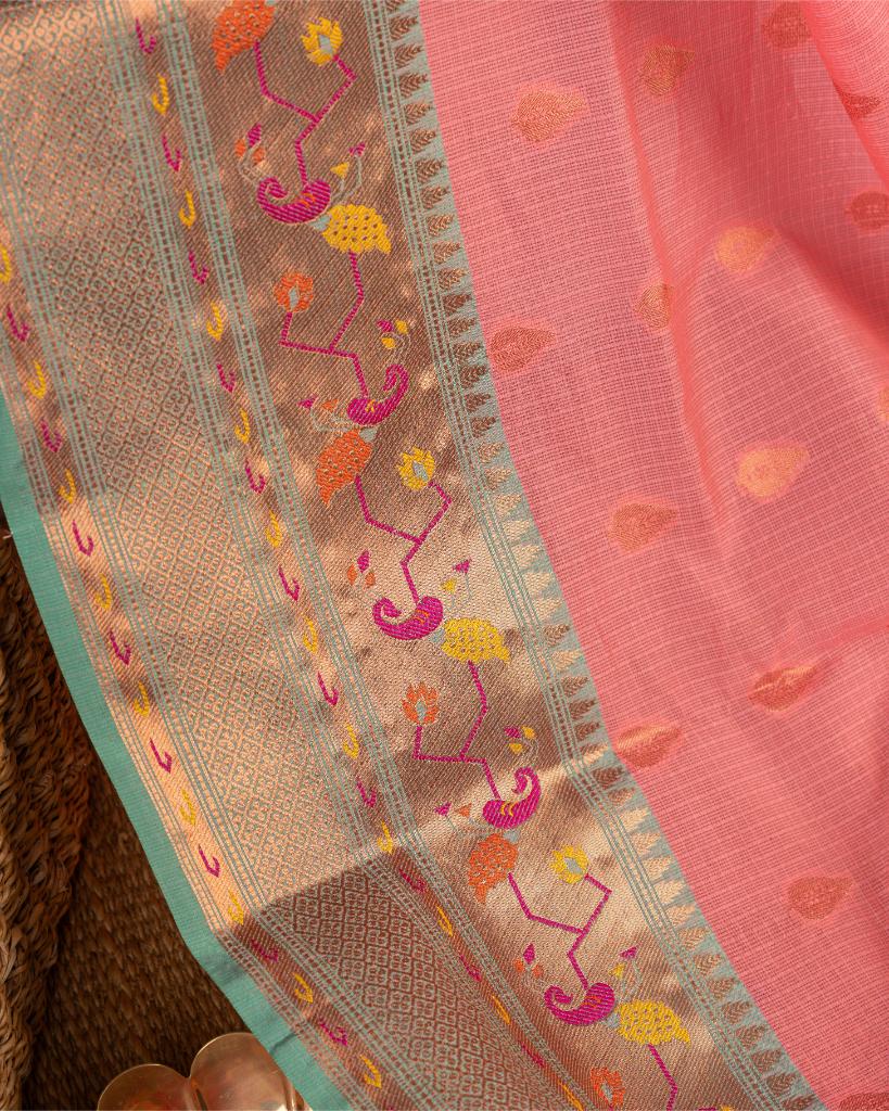 Peach Kota Semi Silk with Paithani Brocade Borders in Aqua Green & Patterened Brocade Blouse | Blouse Size 38-44” | Free Shipping