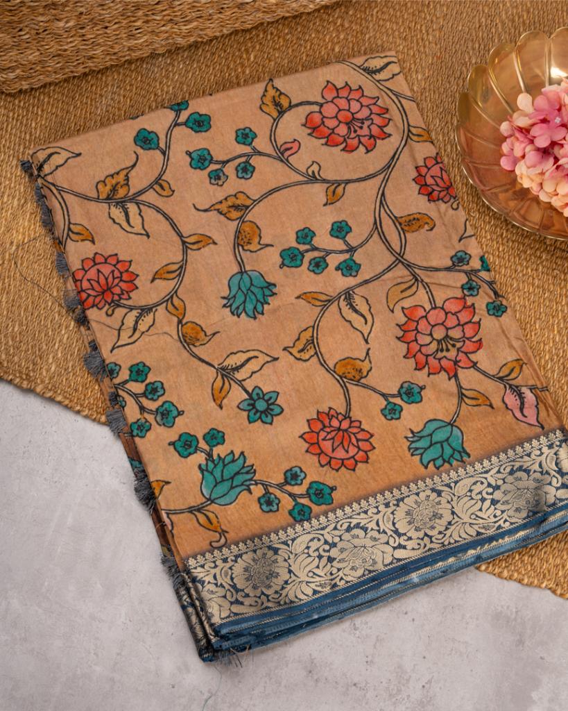 Peach Pure Banarasi Dola Silk Saree with Kalamkari Prints and Blue Banarasi Borders with Blue Banarasi Brocade Blouse | Blouse Size 38-44” | Free Shipping