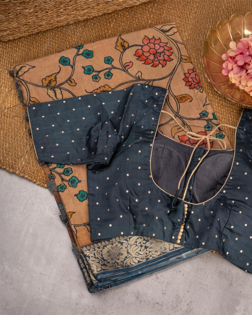 Peach Pure Banarasi Dola Silk Saree with Kalamkari Prints and Blue Banarasi Borders with Blue Banarasi Brocade Blouse | Blouse Size 38-44” | Free Shipping