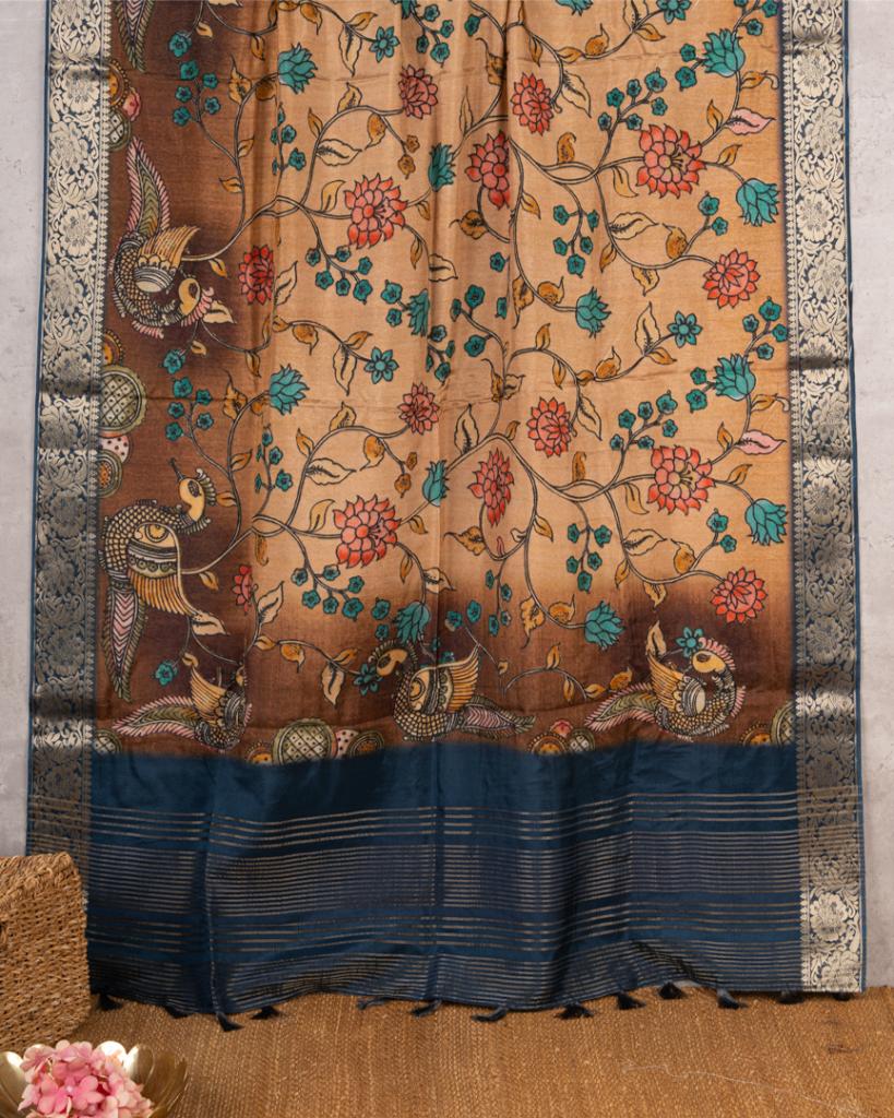 Peach Pure Banarasi Dola Silk Saree with Kalamkari Prints and Blue Banarasi Borders with Blue Banarasi Brocade Blouse | Blouse Size 38-44” | Free Shipping