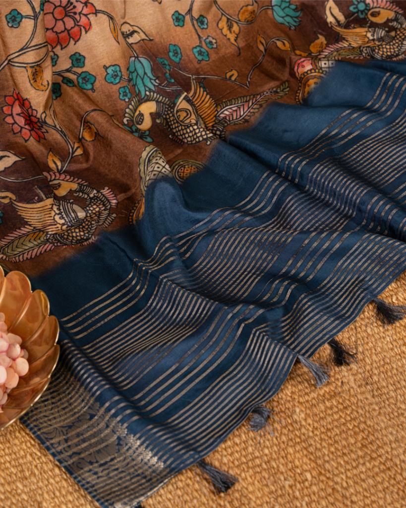 Peach Pure Banarasi Dola Silk Saree with Kalamkari Prints and Blue Banarasi Borders with Blue Banarasi Brocade Blouse | Blouse Size 38-44” | Free Shipping
