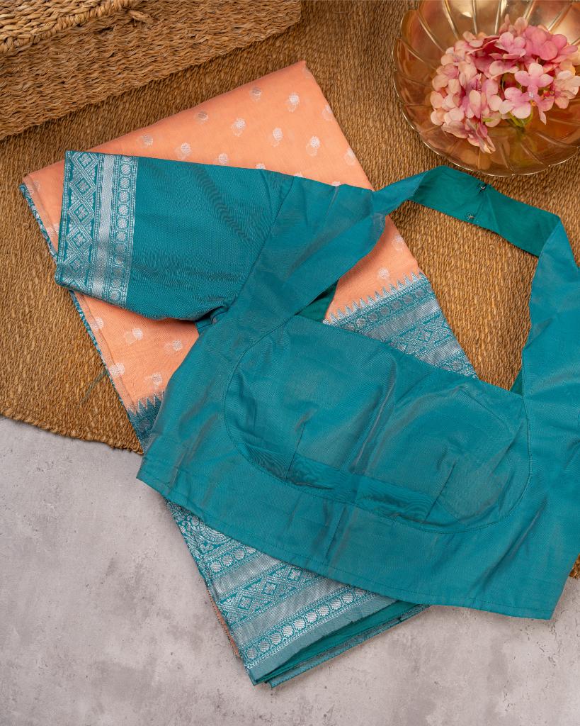 Peach Semi Chanderi Silk Saree with Silver Zari Kanchipuram inspired Borders in Teal & Patterened Blouse | Blouse Size 38-44” | Free Shipping