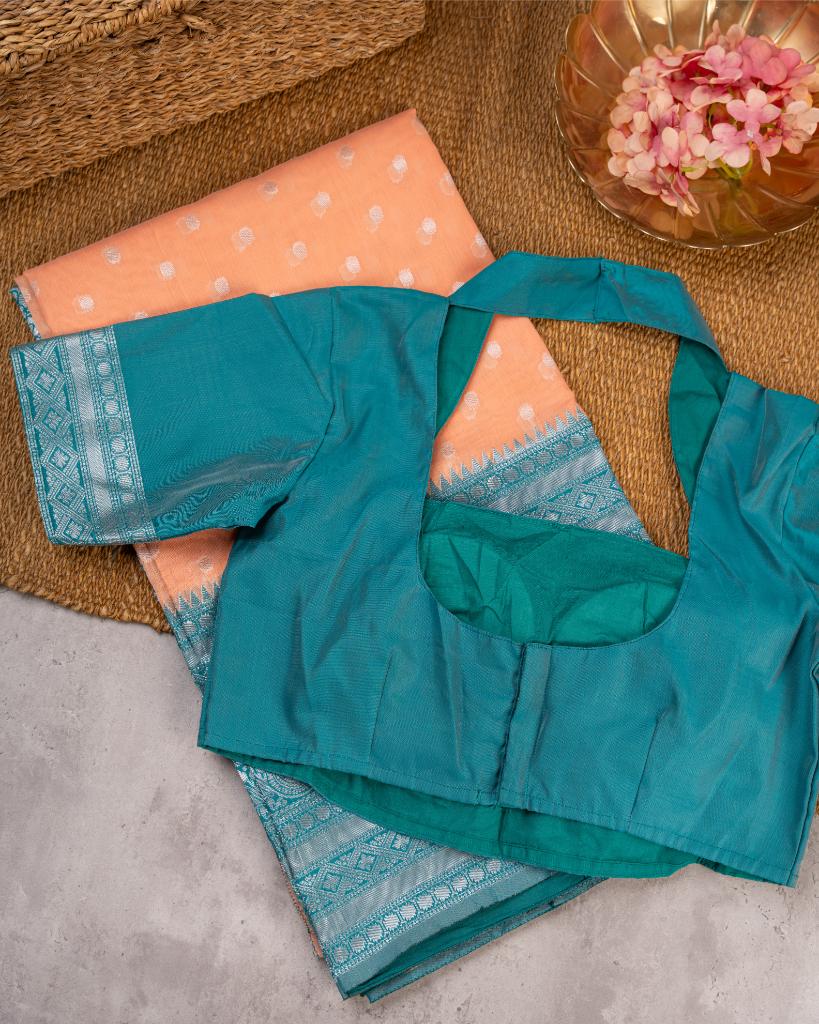 Peach Semi Chanderi Silk Saree with Silver Zari Kanchipuram inspired Borders in Teal & Patterened Blouse | Blouse Size 38-44” | Free Shipping