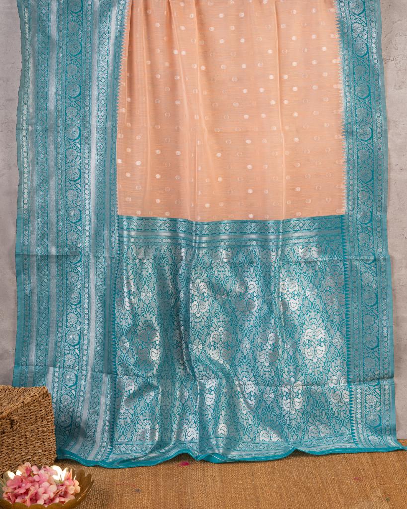 Peach Semi Chanderi Silk Saree with Silver Zari Kanchipuram inspired Borders in Teal & Patterened Blouse | Blouse Size 38-44” | Free Shipping