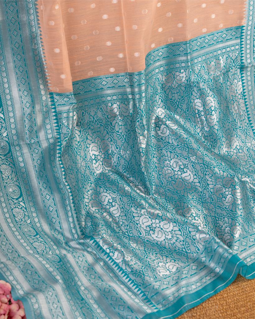Peach Semi Chanderi Silk Saree with Silver Zari Kanchipuram inspired Borders in Teal & Patterened Blouse | Blouse Size 38-44” | Free Shipping