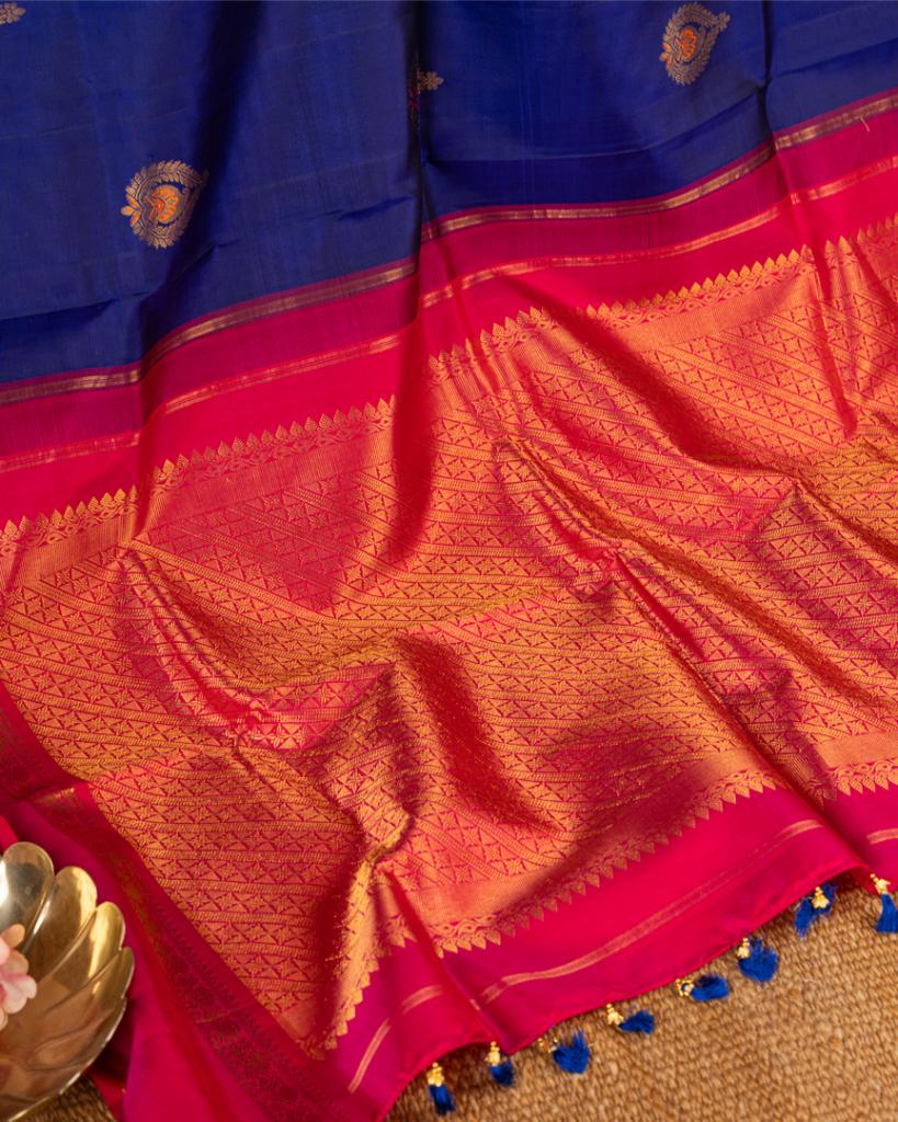 Premium Kanchipuram Silk Saree in Ink Blue Color with Fuscia Double Retta Petta Borders and Menakari Woven Banarasi Motifs and Hand Embroidered Blouse | Blouse Size 38-44” | Free Shipping