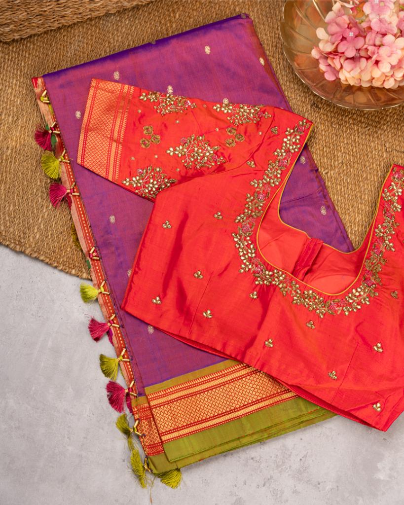 Pure Paithani Nauvari Purple Silk Saree with Peacocks and Lotus Pallu and Beautifully designed Hand embroidered Blouse in Red | Blouse Size 38-44” | Free Shipping