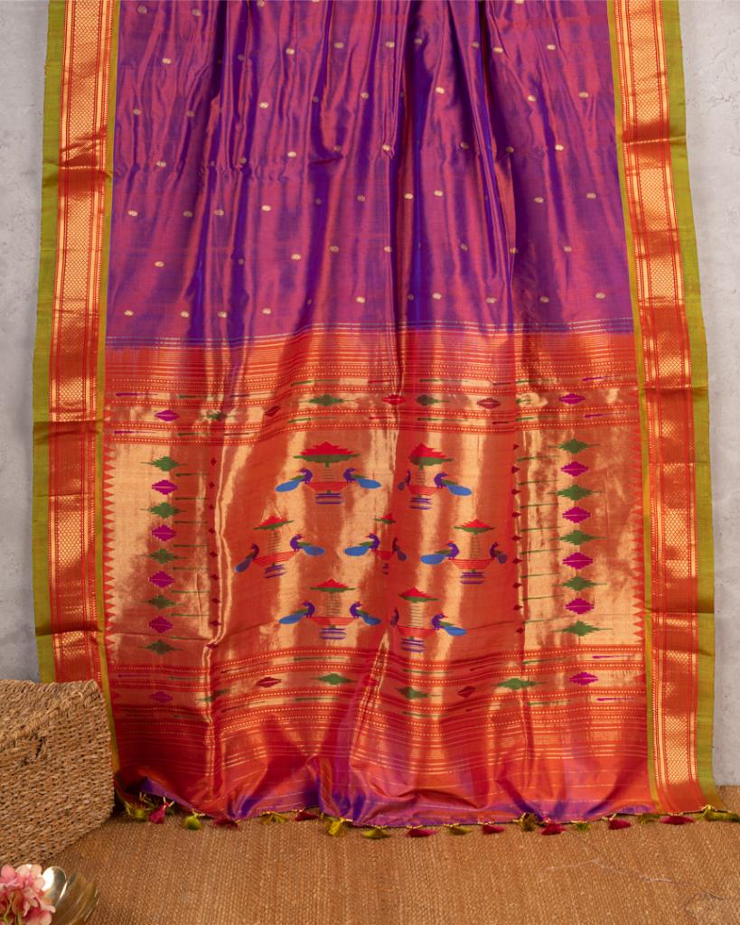 Pure Paithani Nauvari Purple Silk Saree with Peacocks and Lotus Pallu and Beautifully designed Hand embroidered Blouse in Red | Blouse Size 38-44” | Free Shipping