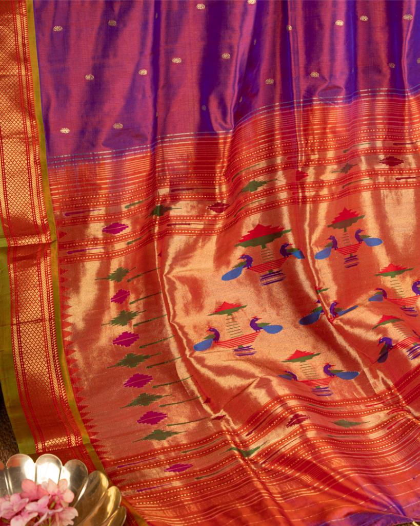 Pure Paithani Nauvari Purple Silk Saree with Peacocks and Lotus Pallu and Beautifully designed Hand embroidered Blouse in Red | Blouse Size 38-44” | Free Shipping