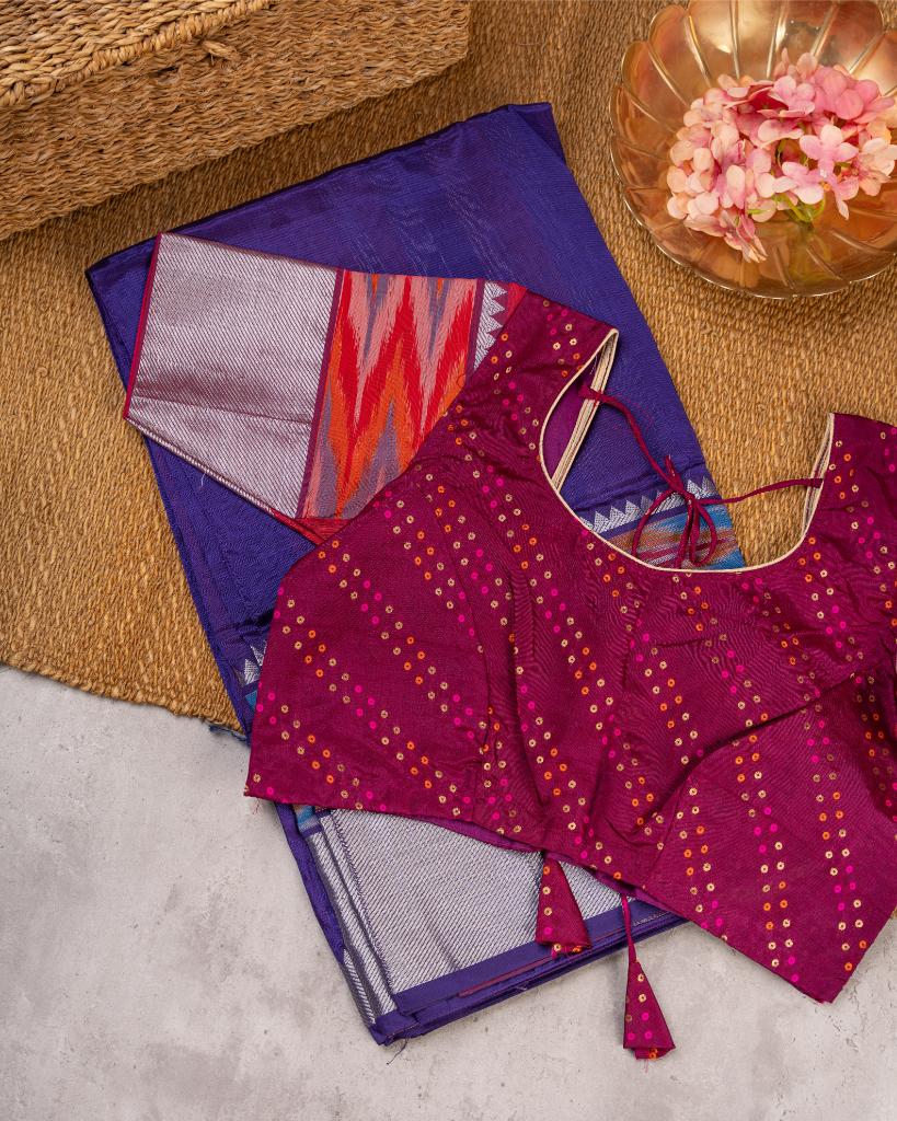Purple and Maroon Mangalagiri Silk Saree with Ikkat Weave in the Border with Silver Zari and Maroon Bandini woven Blouse | Blouse Size 38-44 | Free Shipping