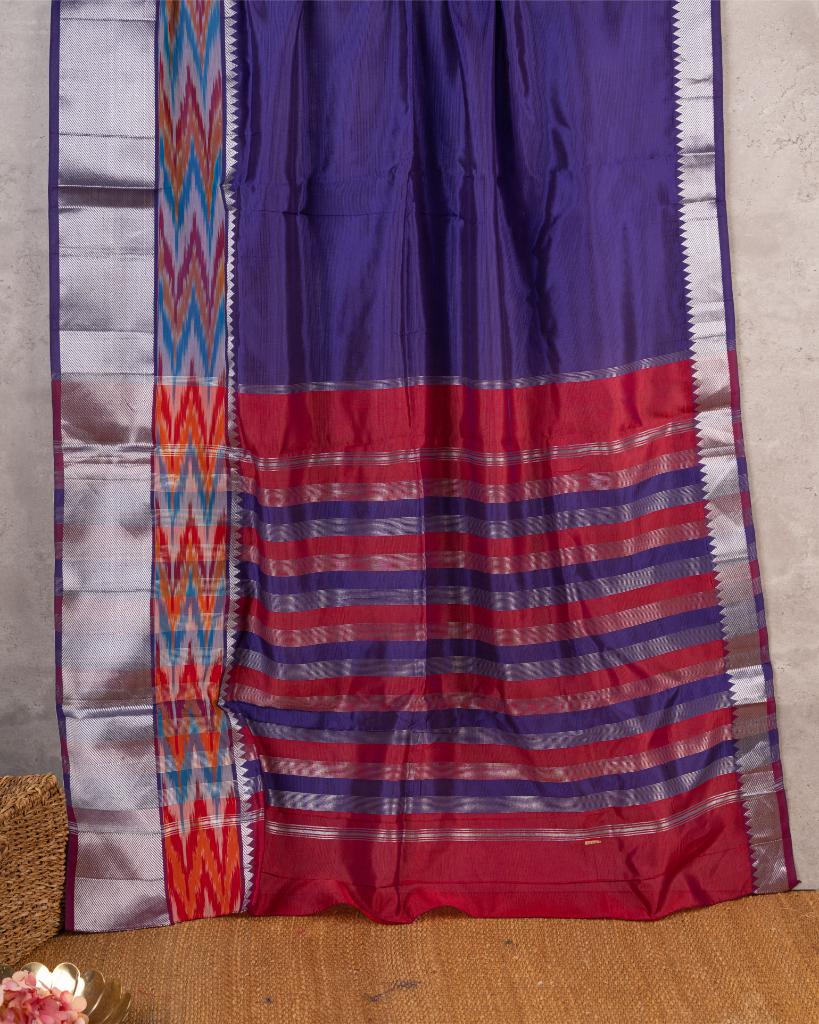 Purple and Maroon Mangalagiri Silk Saree with Ikkat Weave in the Border with Silver Zari and Maroon Bandini woven Blouse | Blouse Size 38-44 | Free Shipping