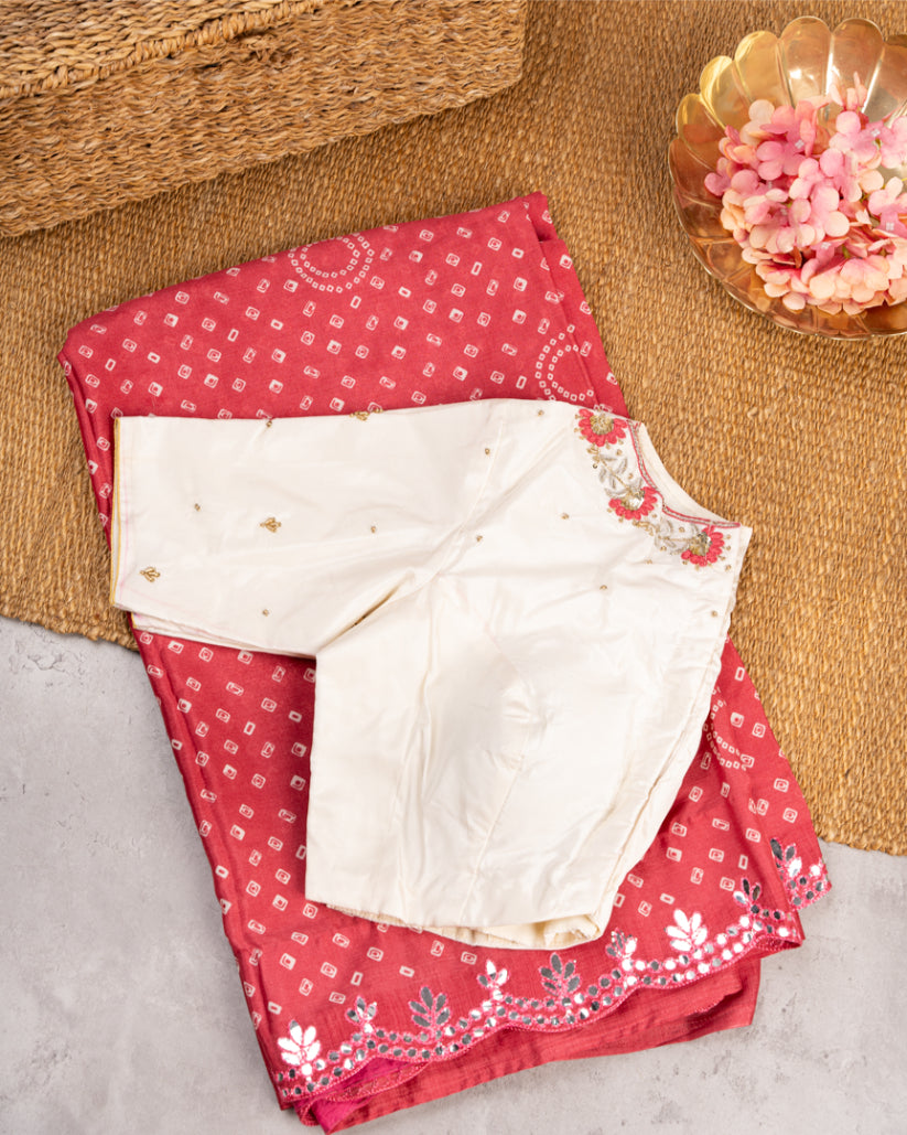 Red Bandini Prints on Crepe Silk with Mirror lace work and Hand Work Blouse in White color | Blouse Size 38-44" | Free Shipping