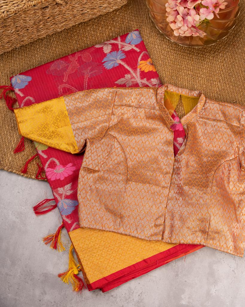 Red Silk Kota Saree with all over floral Tifli Weaving and Mustard Kaddi Borders and Pattern Mustard Blouse | Blouse Size 38-44” | Free Shipping