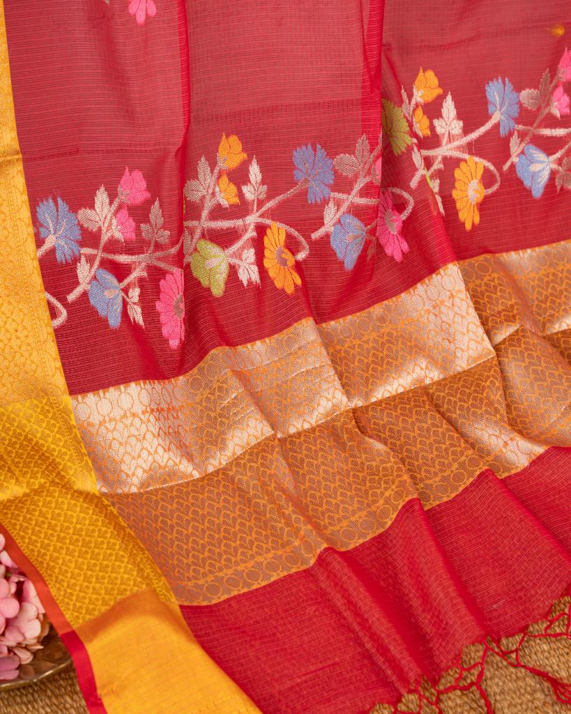 Red Silk Kota Saree with all over floral Tifli Weaving and Mustard Kaddi Borders and Pattern Mustard Blouse | Blouse Size 38-44” | Free Shipping
