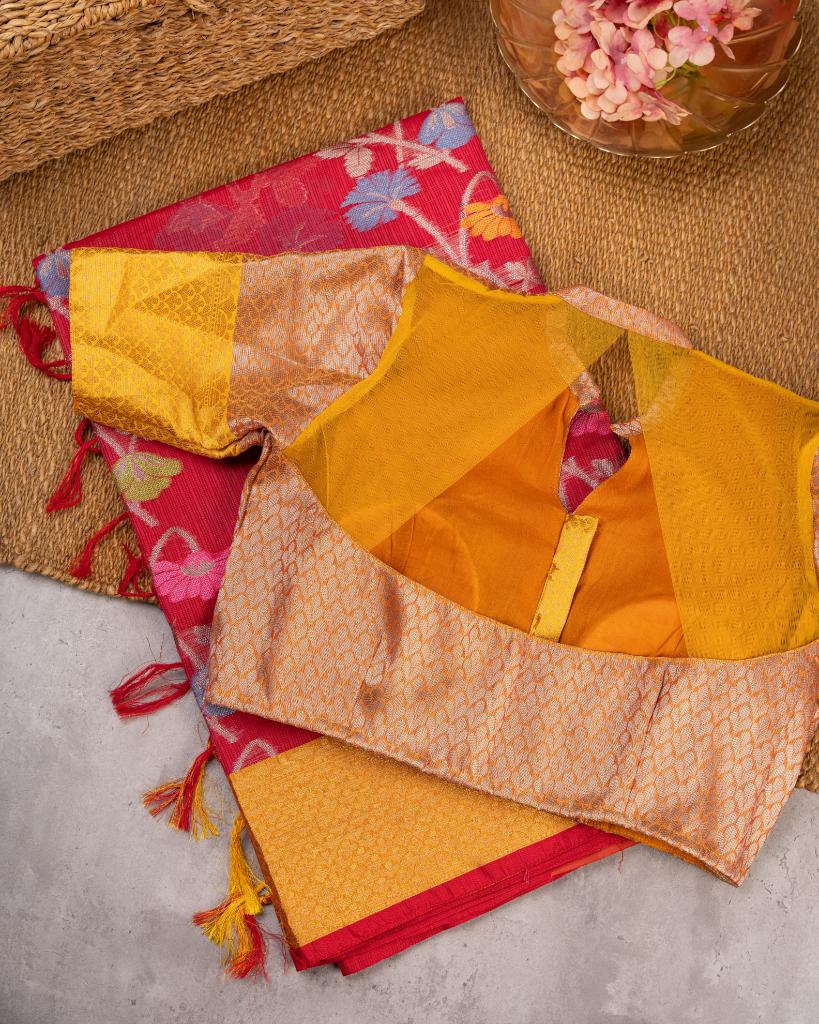 Red Silk Kota Saree with all over floral Tifli Weaving and Mustard Kaddi Borders and Pattern Mustard Blouse | Blouse Size 38-44” | Free Shipping