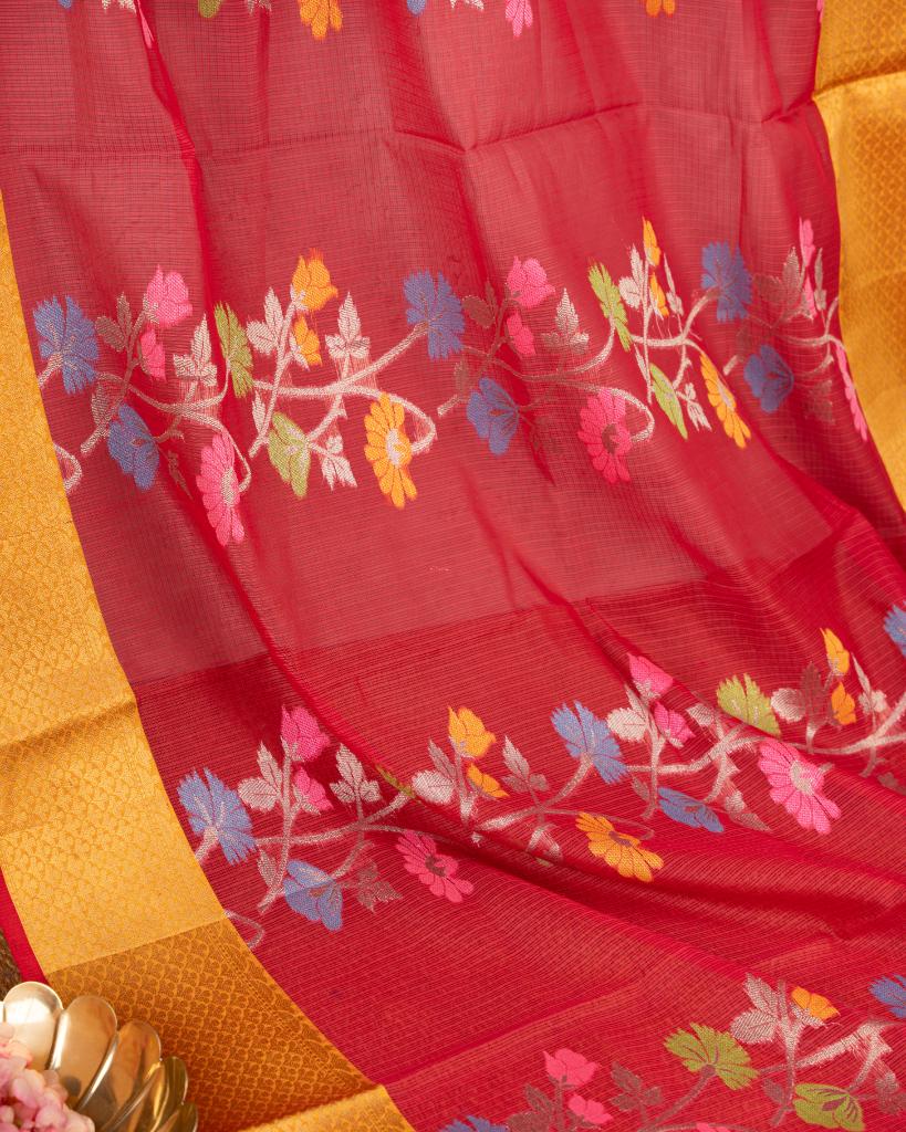 Red Silk Kota Saree with all over floral Tifli Weaving and Mustard Kaddi Borders and Pattern Mustard Blouse | Blouse Size 38-44” | Free Shipping