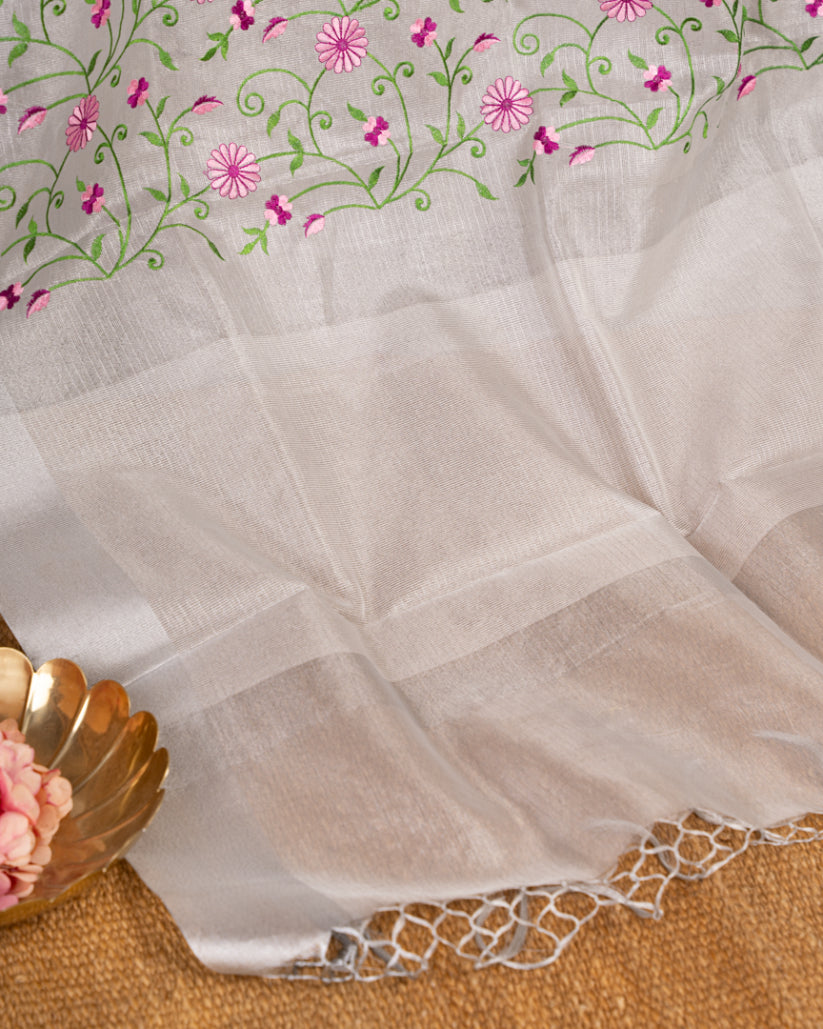 Silver Tissue Silk Saree with all Flower Embroidery & Magenta Sequins Blouse | Blouse Size 38-44" | Free Shipping |