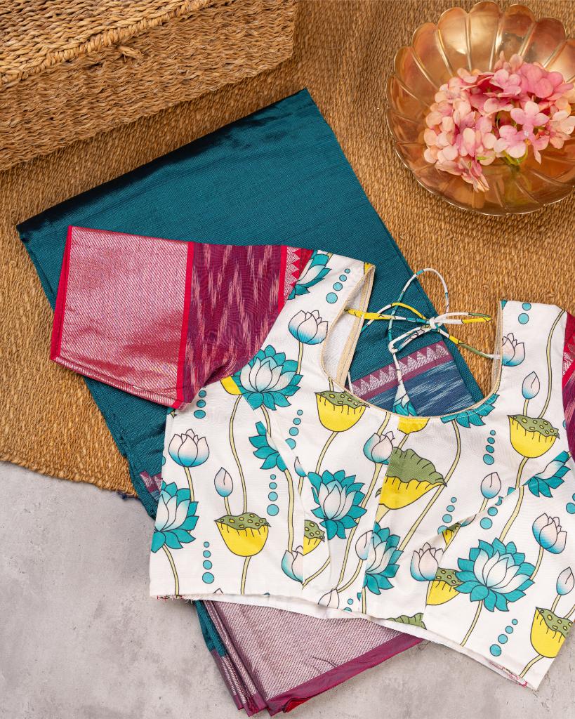 Teal and Maroon Mangalagiri Silk Saree with Ikkat Weave in the Border with Silver Zari and Kalamkari Printed Blouse | Blouse Size 38-44” | Free Shipping