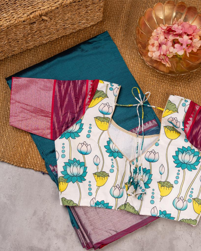 Teal and Maroon Mangalagiri Silk Saree with Ikkat Weave in the Border with Silver Zari and Kalamkari Printed Blouse | Blouse Size 38-44” | Free Shipping