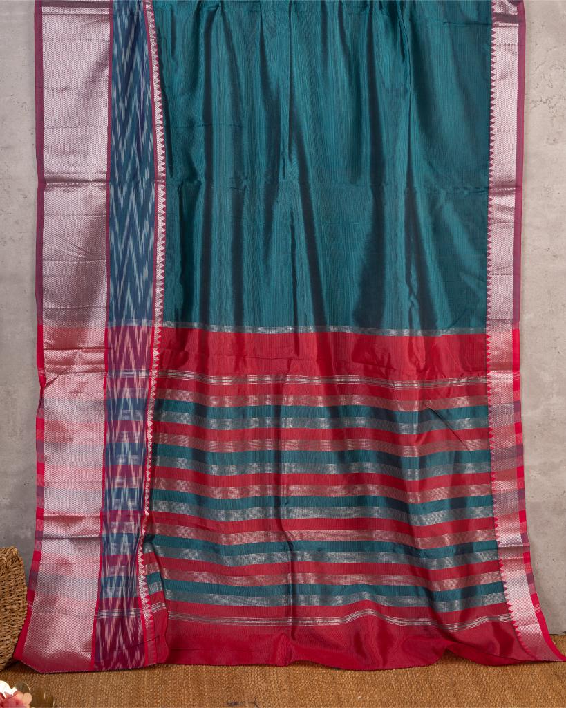 Teal and Maroon Mangalagiri Silk Saree with Ikkat Weave in the Border with Silver Zari and Kalamkari Printed Blouse | Blouse Size 38-44” | Free Shipping