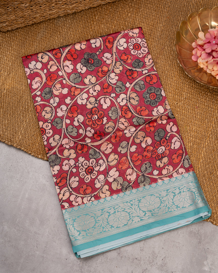 Kalamakari Prints on Maroon Dola Saree with Aqua Blue Kanchipuram Inspired Borders & Aqua Blue Kalamkari Printed Blouse