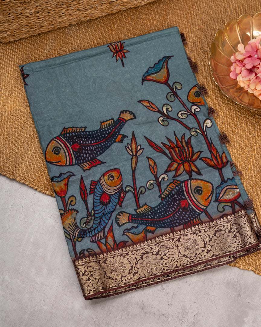 Grey Pure Banarasi Dola Silk Saree with Kalamkari Prints and Brown Banarasi Borders with Coffee Brown Banarasi Brocade Blouse