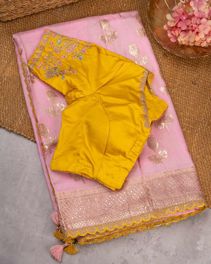 Pure Banarasi Dola Pink Sareewith Mustard Cutwork Borders and Mustard Machine Embroidered Blouse