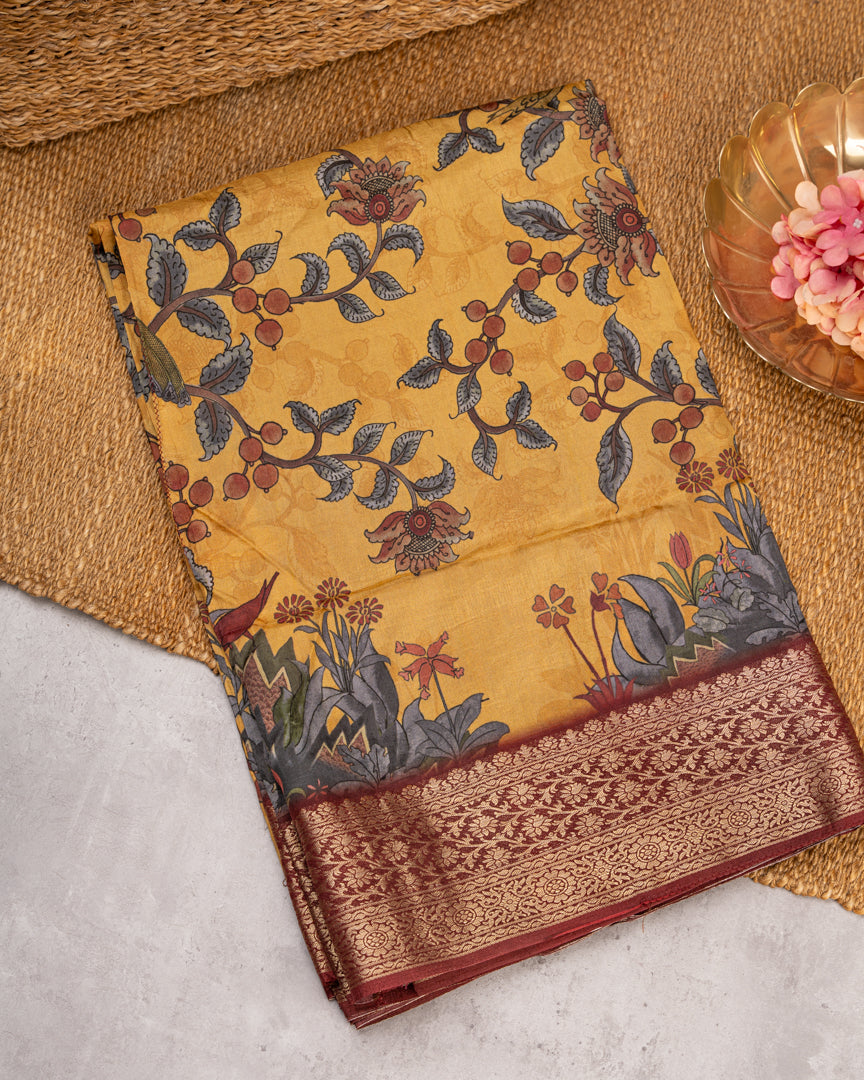 Mustard Pure Banarasi Dola Silk Saree with Kalamkari Prints and Maroon Banarasi Borders with Maroon Banarasi Brocade Blouse