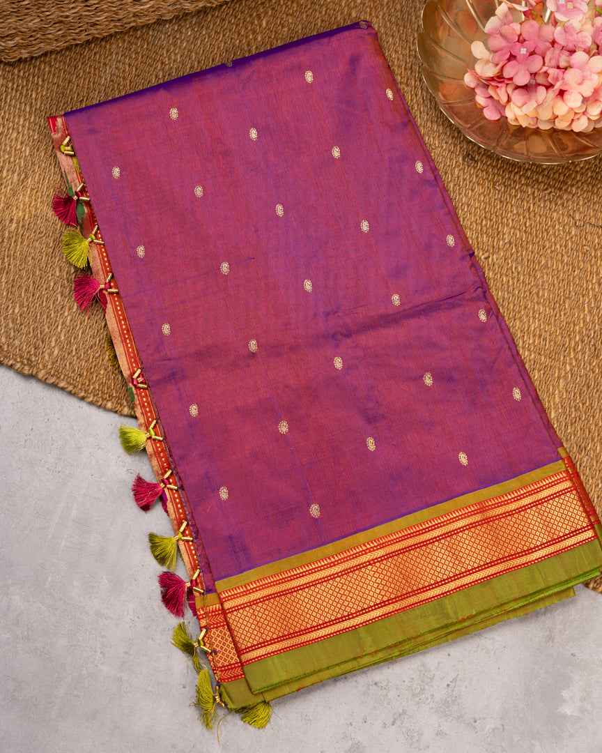 Pure Paithani Nauvari Purple Silk Saree with Peacocks and Lotus Pallu and Beautifully designed Hand embroidered Blouse in Red