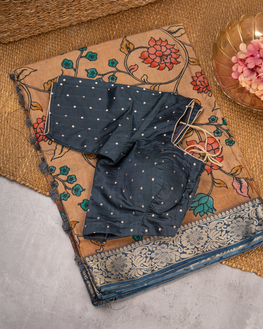 Peach Pure Banarasi Dola Silk Saree with Kalamkari Prints and Blue Banarasi Borders with Blue Banarasi Brocade Blouse