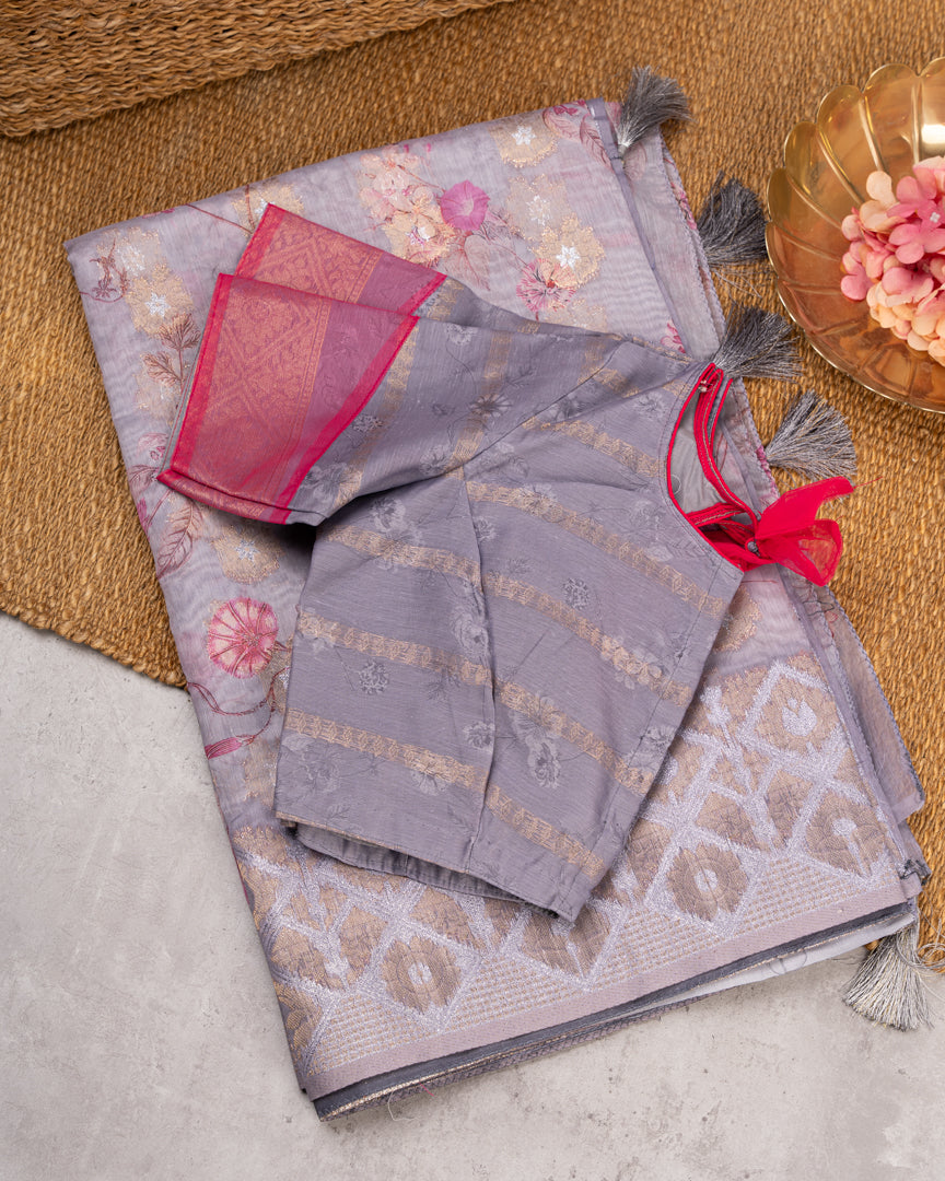 Pastel Grey Chanderi Floral Printed Saree with Pattern Blouse