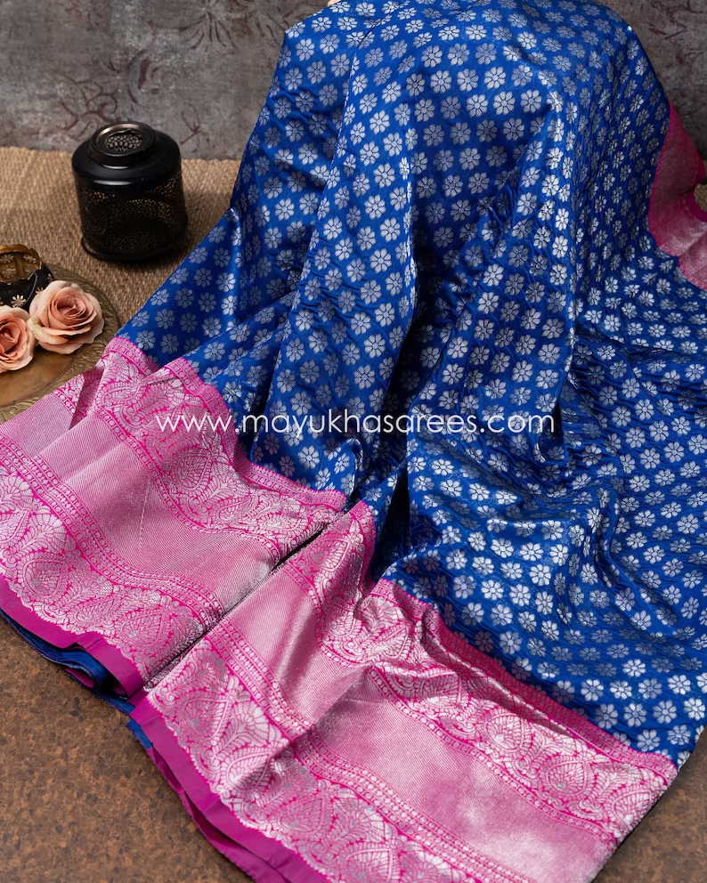 Blue and Pink Banarasi Silk Saree with Stitched Blouse